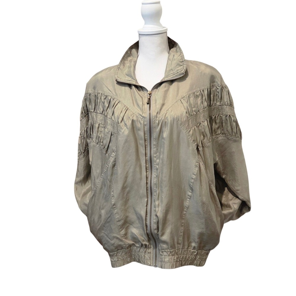 EVR Vintage Silk Bomber Jacket Pleated Shoulder Metallic Sage Green Retro Medium